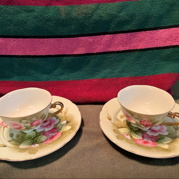2 Vintage Leafton Full Size Footed Set Of 2 Tea Cups With Matched Saucers - Picture 1 of 4